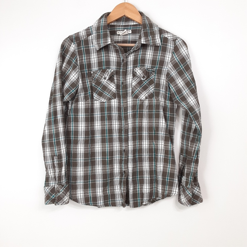 Ruff Hewn Lightweight Plaid Longsleeve Shirt Brown Blue White Women sz Medium 8